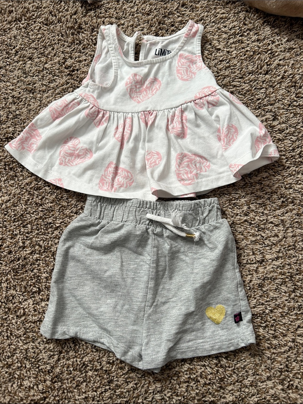 Limited Too White & Pink Heart Tank Top with Gray Shorts Set